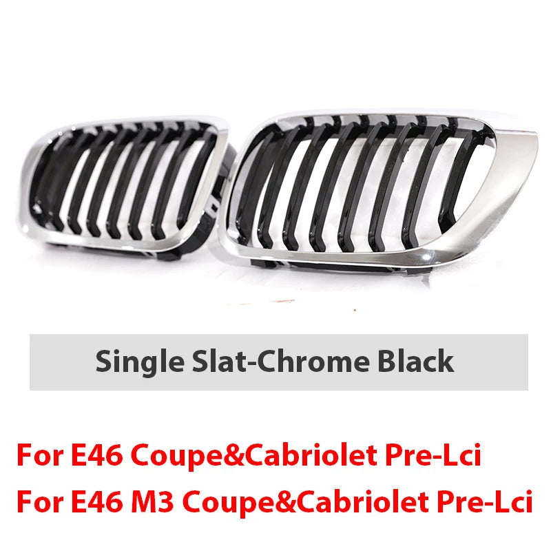 HIGH QUALITY Single Slat Grill Kidney Carbon Chrome Grille For 3 Series E46 2-Door 1998-2002 Pre-Facelift & 2000-2007 E46 M3 Coupe Cabriolet
