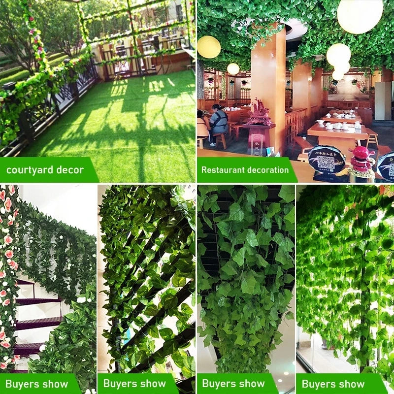 2.1M 12 Pcs Artificial Plant Green Ivy Leaf Garland Silk Wall Hanging Vine Home Garden Decoration Wedding Party Fake Leaves