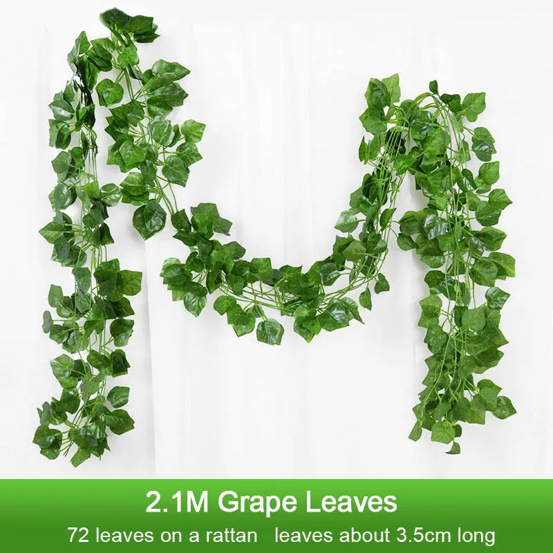 2.1M 12 Pcs Artificial Plant Green Ivy Leaf Garland Silk Wall Hanging Vine Home Garden Decoration Wedding Party Fake Leaves
