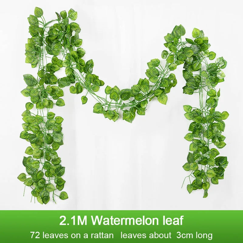 2.1M 12 Pcs Artificial Plant Green Ivy Leaf Garland Silk Wall Hanging Vine Home Garden Decoration Wedding Party Fake Leaves