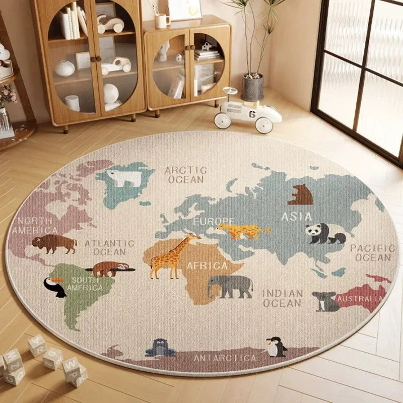 VIKAMA Children's Room Round Carpet World Map Cartoon Animal Pattern Educational Non-Slip Mat Play Area Bedroom Decoration
