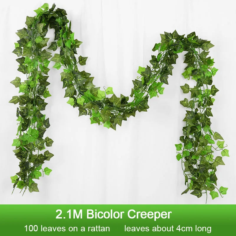 2.1M 12 Pcs Artificial Plant Green Ivy Leaf Garland Silk Wall Hanging Vine Home Garden Decoration Wedding Party Fake Leaves