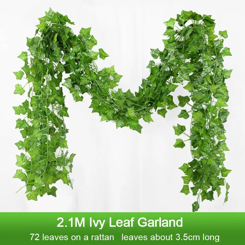 2.1M 12 Pcs Artificial Plant Green Ivy Leaf Garland Silk Wall Hanging Vine Home Garden Decoration Wedding Party Fake Leaves