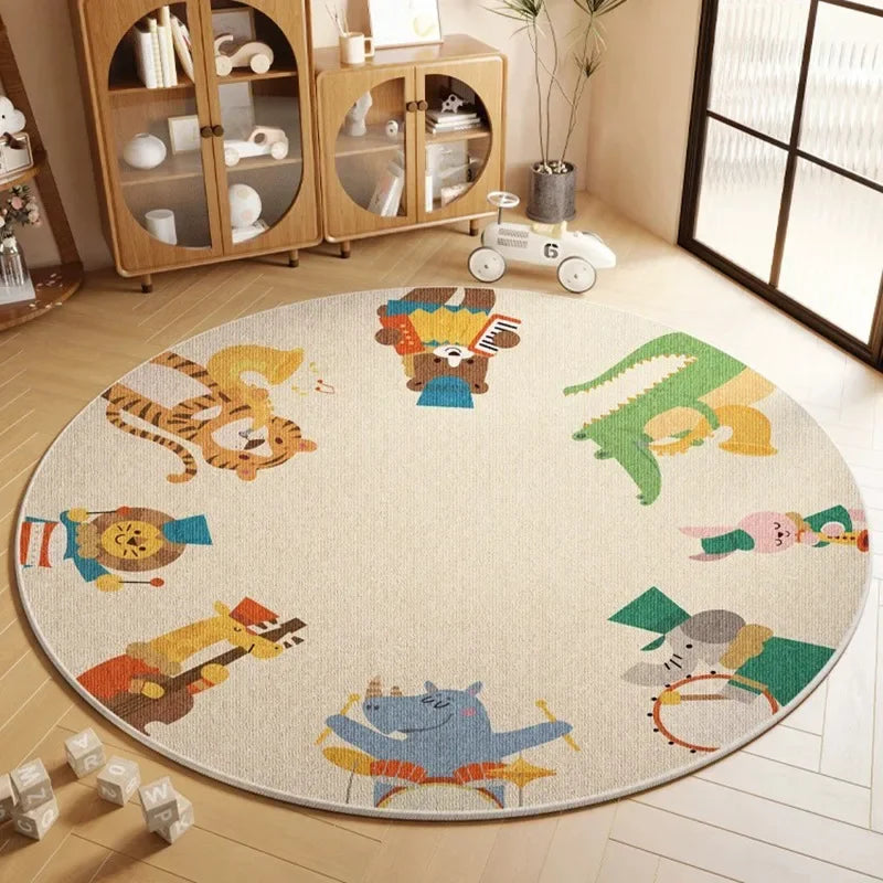 VIKAMA Children's Room Round Carpet World Map Cartoon Animal Pattern Educational Non-Slip Mat Play Area Bedroom Decoration