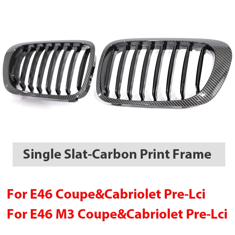 HIGH QUALITY Single Slat Grill Kidney Carbon Chrome Grille For 3 Series E46 2-Door 1998-2002 Pre-Facelift & 2000-2007 E46 M3 Coupe Cabriolet