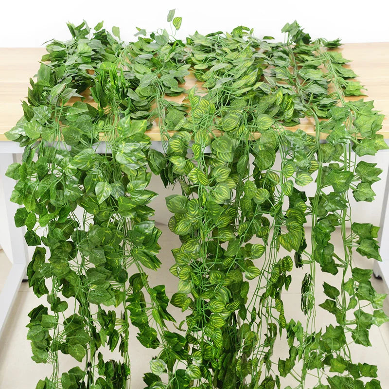 2.1M 12 Pcs Artificial Plant Green Ivy Leaf Garland Silk Wall Hanging Vine Home Garden Decoration Wedding Party Fake Leaves