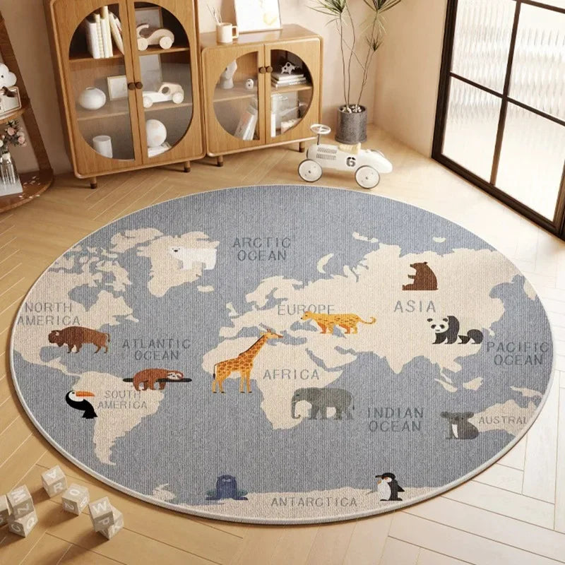 VIKAMA Children's Room Round Carpet World Map Cartoon Animal Pattern Educational Non-Slip Mat Play Area Bedroom Decoration