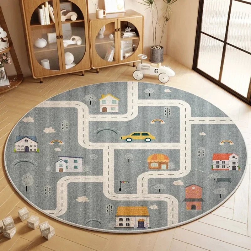 VIKAMA Children's Room Round Carpet World Map Cartoon Animal Pattern Educational Non-Slip Mat Play Area Bedroom Decoration