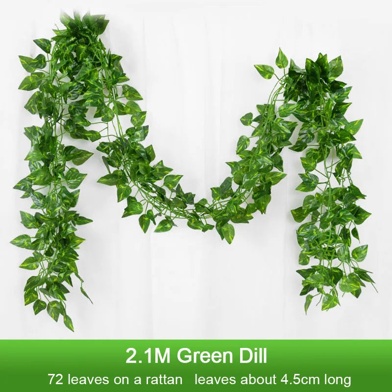 2.1M 12 Pcs Artificial Plant Green Ivy Leaf Garland Silk Wall Hanging Vine Home Garden Decoration Wedding Party Fake Leaves