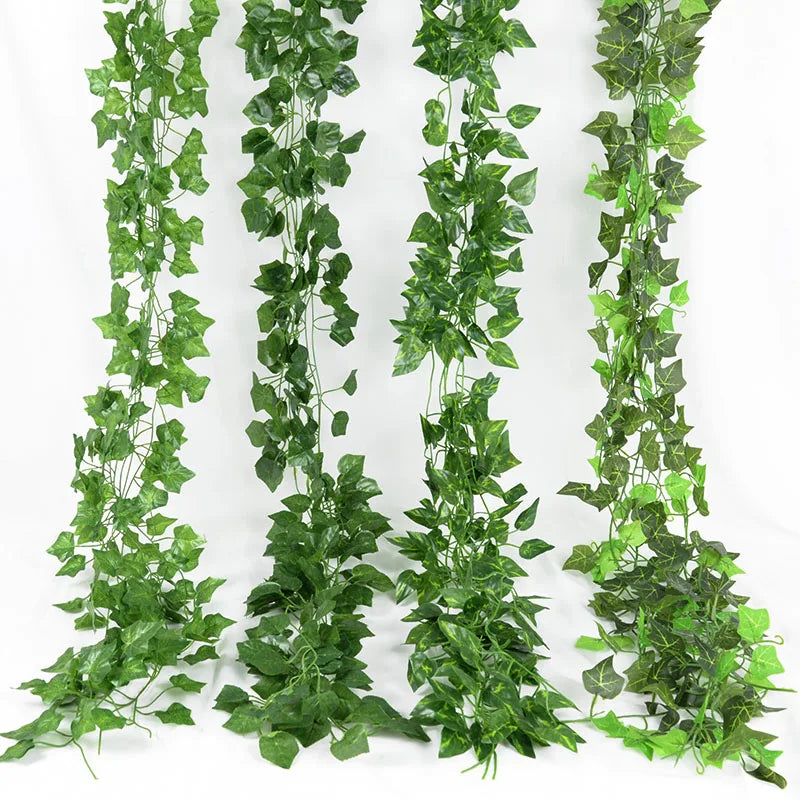 2.1M 12 Pcs Artificial Plant Green Ivy Leaf Garland Silk Wall Hanging Vine Home Garden Decoration Wedding Party Fake Leaves