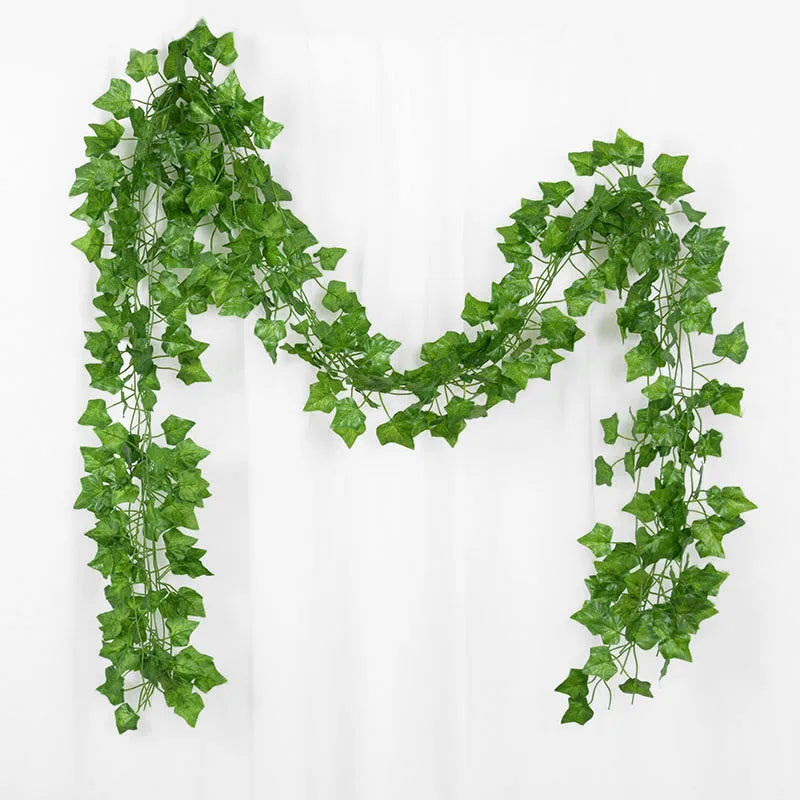 2.1M 12 Pcs Artificial Plant Green Ivy Leaf Garland Silk Wall Hanging Vine Home Garden Decoration Wedding Party Fake Leaves