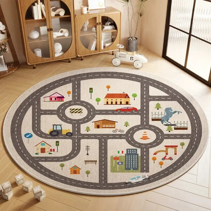 VIKAMA Children's Room Round Carpet World Map Cartoon Animal Pattern Educational Non-Slip Mat Play Area Bedroom Decoration