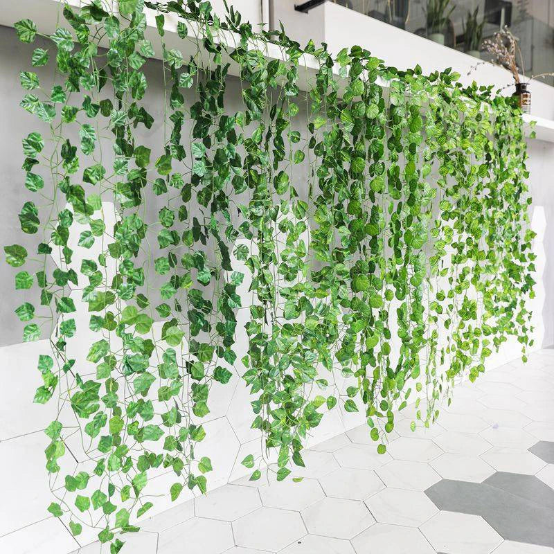 2.1M 12 Pcs Artificial Plant Green Ivy Leaf Garland Silk Wall Hanging Vine Home Garden Decoration Wedding Party Fake Leaves